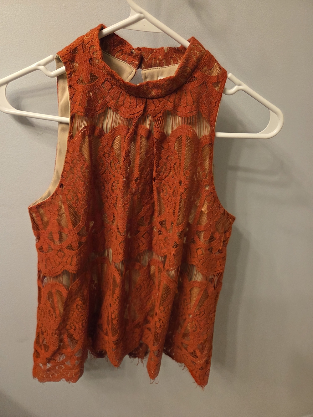 love, Fire Burnt Orange High-Neck Lace Camisole